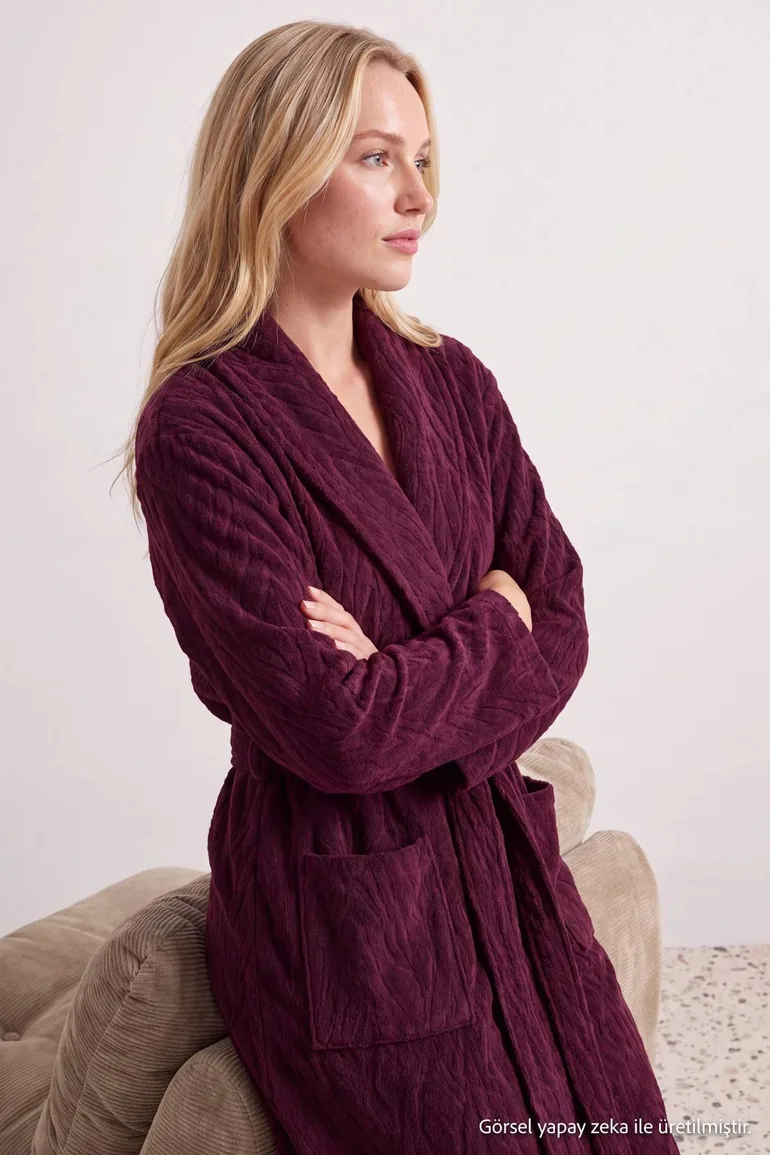 Plum Zebra Patterned Soft Buttoned Knitted Dressing Gown - 5