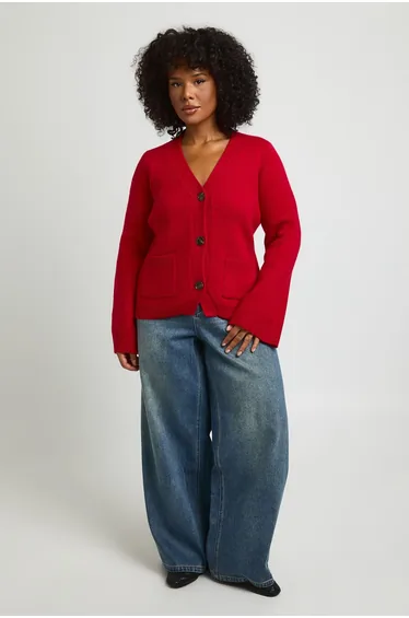 Plus Cinched Waist Knitted Cardigan - red