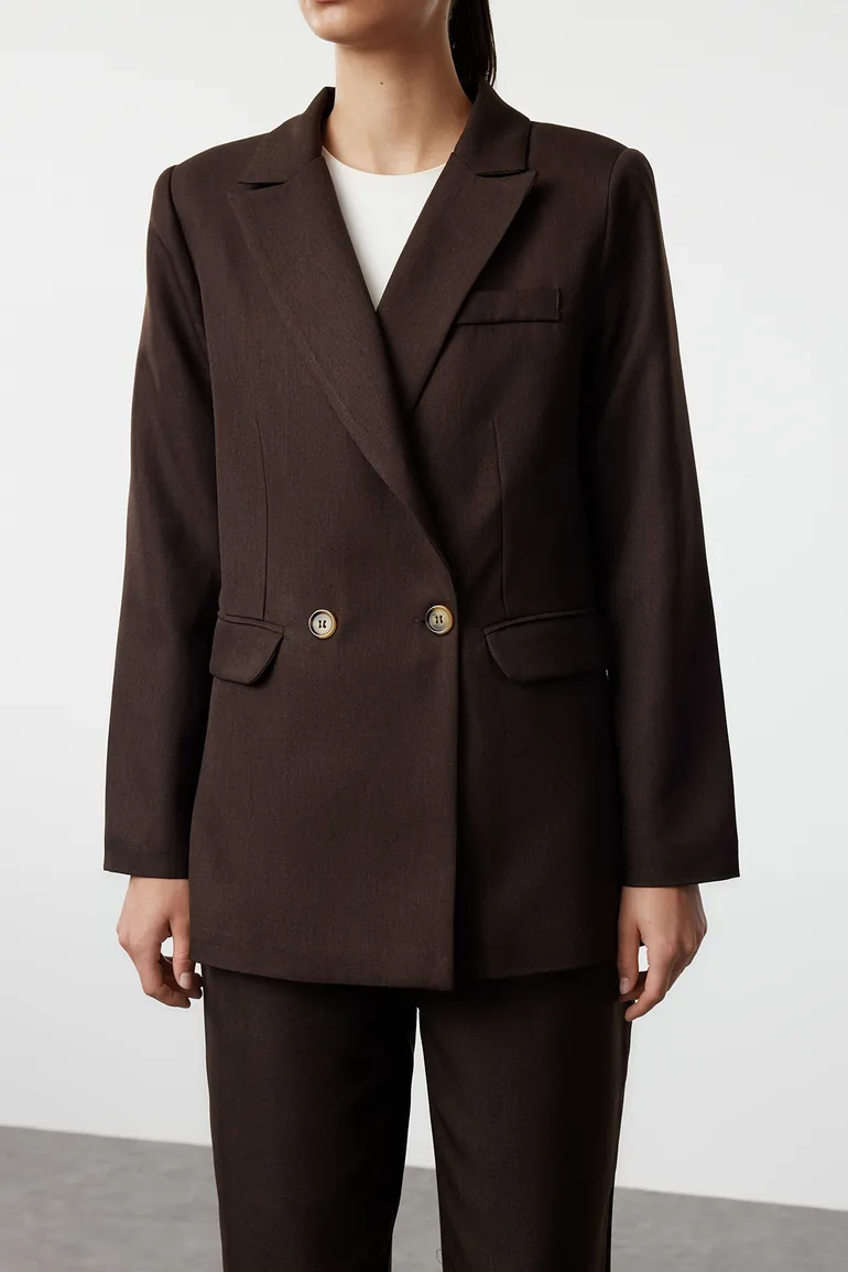 Brown Linen Look Woven Jacket Trousers Top-Bottom Set - 3