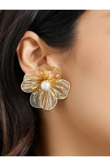 Gold Floral Pearl Stud Earrings