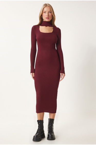 Women's Burgundy Cut Out Detailed Stand Collar Ribbed Knit Dress