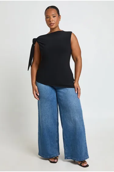 Plus Matte Slinky High Neck Tie Shoulder Top - black