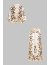 Floral Print Satin Drawstring Long Sleeve Shirt And Straight Leg Pant Set