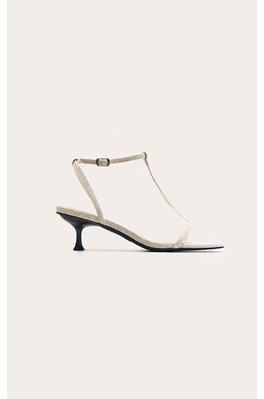 Cream Linen Look T-Bar Toe Thong Heeled Sandals product thumbnail 2