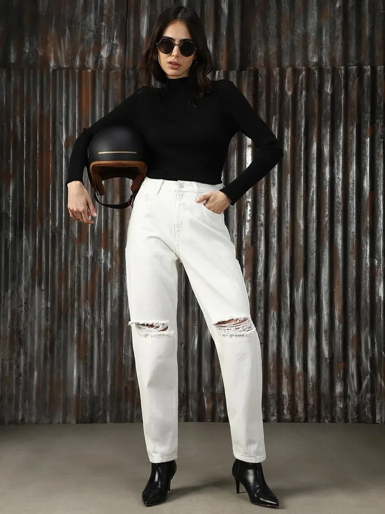 High Rise Sliced Knee Regular Fit Jeans