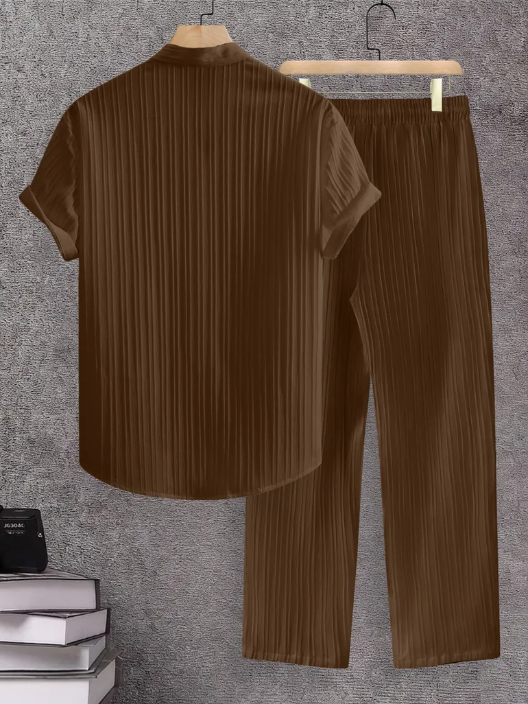 Men Brown Jacquard Stand Collar Short Sleeve Button Front Shirt and Pants Co-Ords - 1