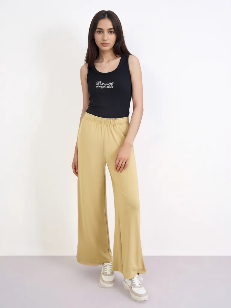 Beige Wide Leg Joggers with Side Taping Detail