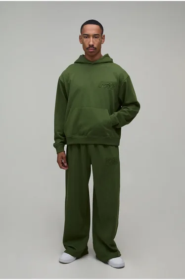Oversized Boxy M Star Hoodie & Wide Leg Jogger Tracksuit - khaki