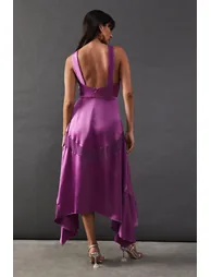 Satin Cross Front Chiffon Insert Hanky Hem Dress - 2