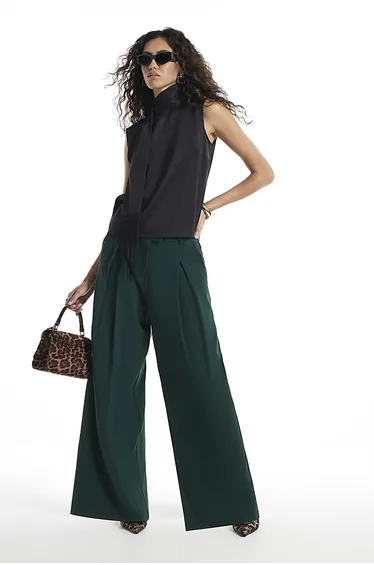 Green Crepe Wide Leg Trousers