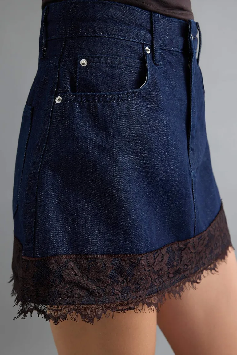 Dark Blue Lace Detailed High Waist Mini Denim Skirt - 4
