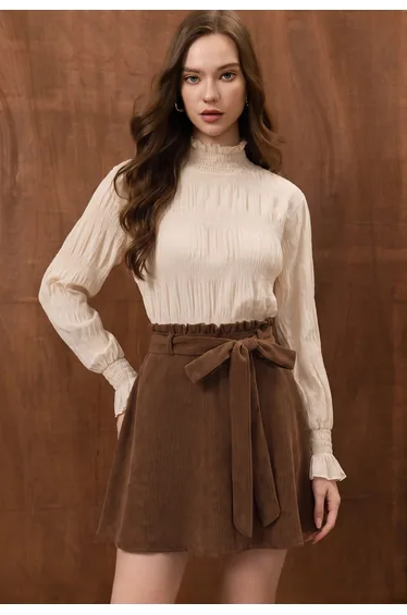 Tie-Bow Paperbag Waist Corduroy Mini Skirt for Park Walks & Weekend Shopping