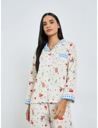 Gingham Collar Printed Shirt and Pyjama Set - 1