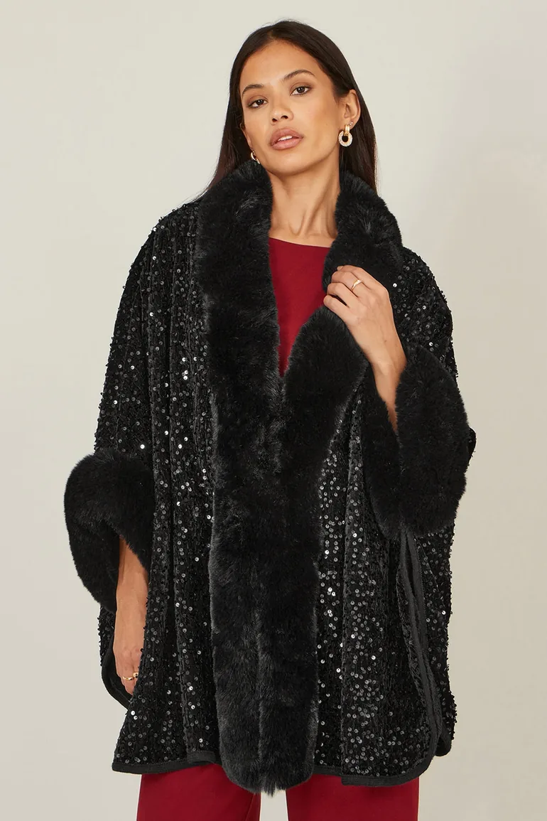 Yumi Black Sequin Cape with Faux Fur Trim and Lining - 5