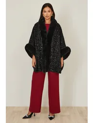 Yumi Black Sequin Cape with Faux Fur Trim and Lining - 6
