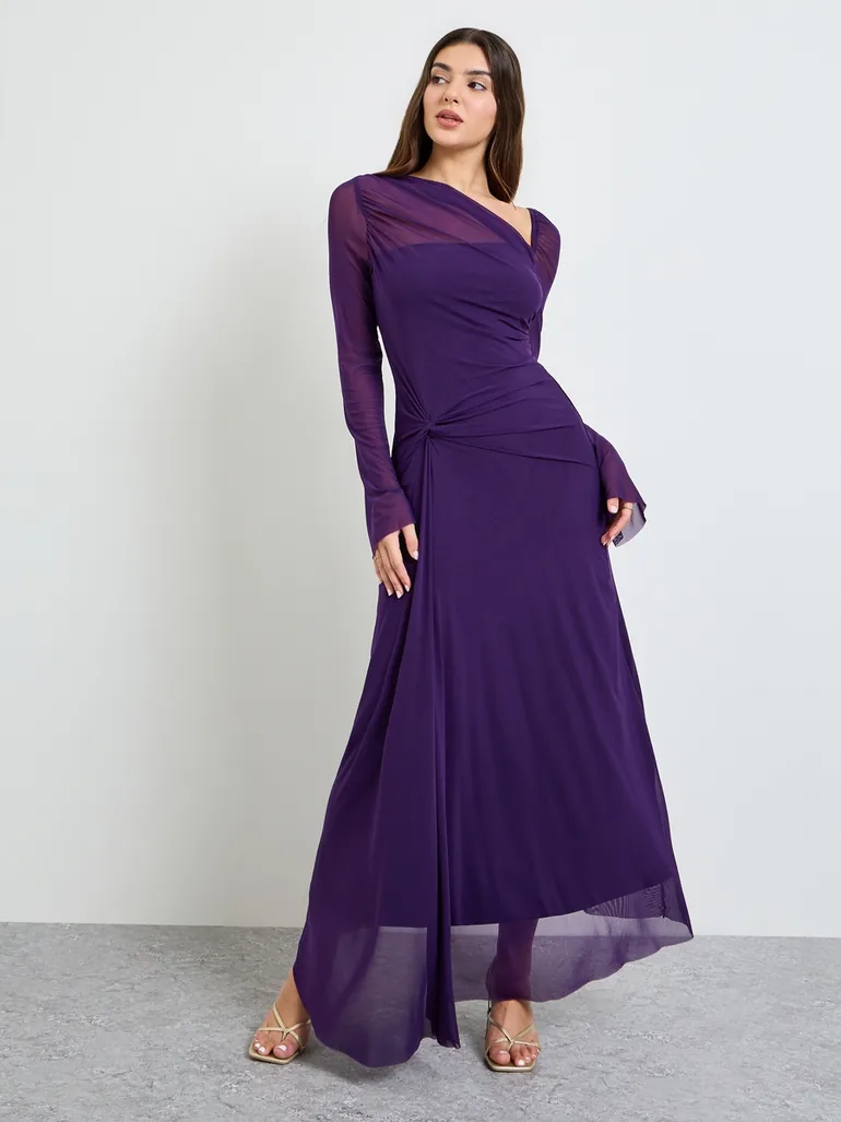 Purple Gathered Asymmetric Neck Maxi Dress