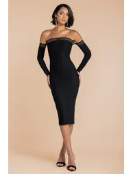 Goddiva Boobtube Ribbed Midi Dress With Split - Black