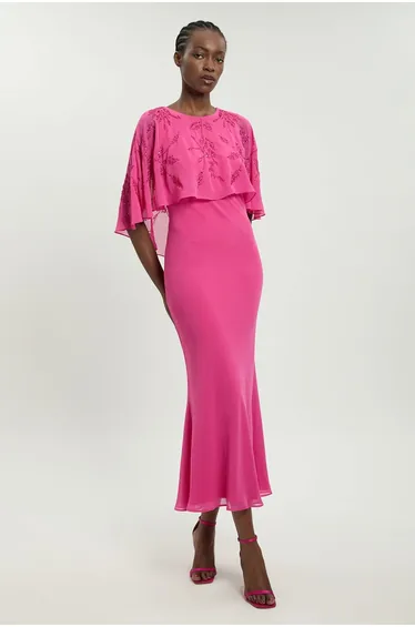 Beaded Cape Detail Maxi Dress