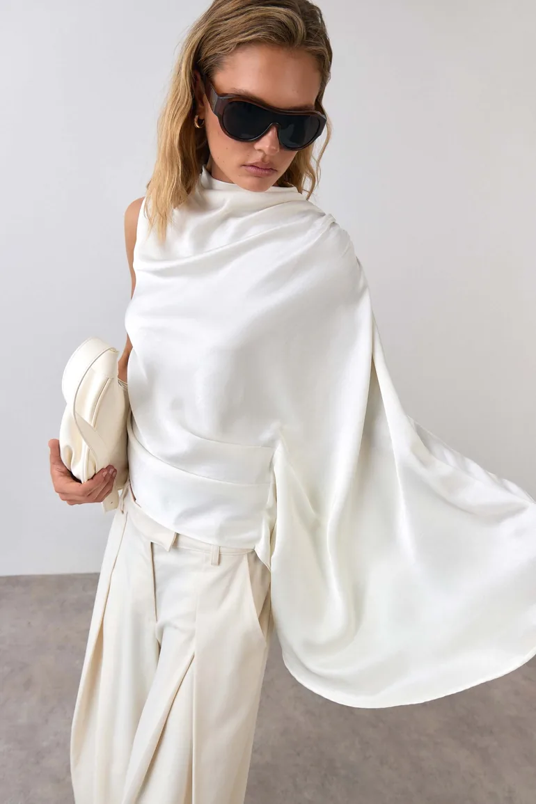 Premium Draped Satin Cape Top - 2