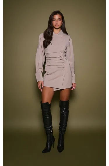 Stone Woven Long Sleeve Button Up Ruched Mini Shift Dress