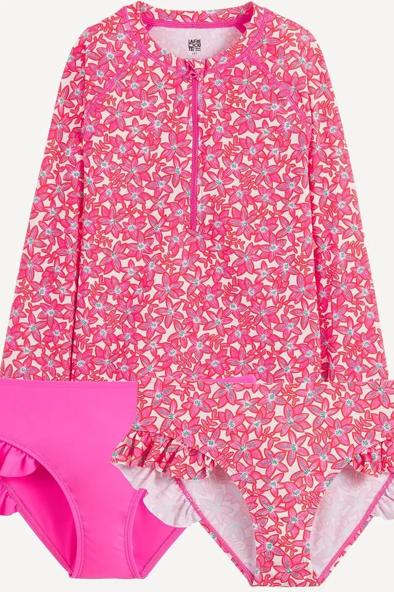 Floral Print UV Protection T-Shirt and 2 Bikini Bottoms