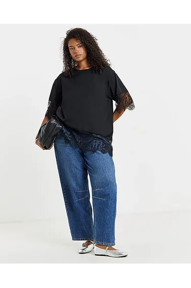 Black Lace Trim Boxy Top