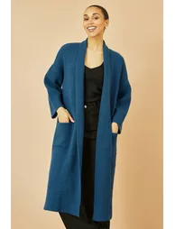 Yumi Teal Knitted Maxi Cardigan With Pockets - 1