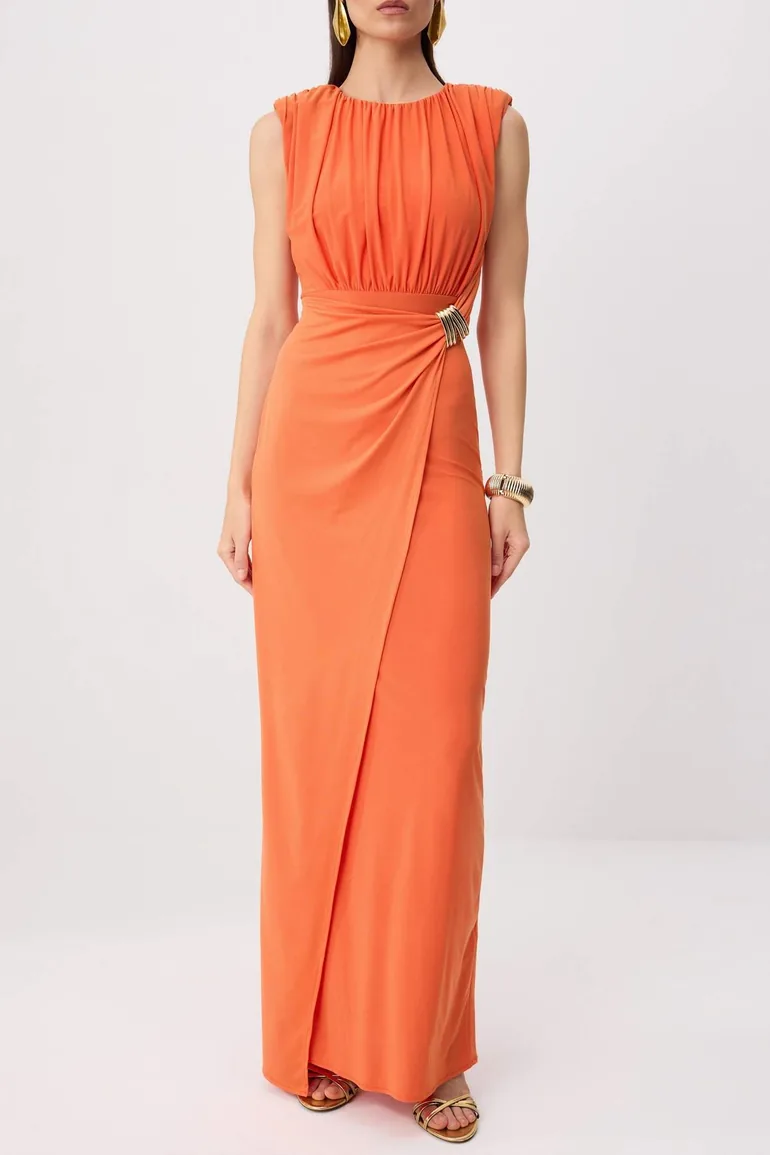 Orange Plain Accessory Detail Knitted Sandy Maxi Evening Dress & Graduation Dress - 2