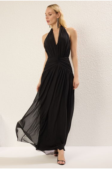 Black A-Line Draped Detail Tulle Knitting Maxi Evening Dress & Graduation Dress