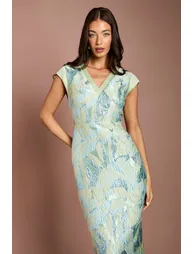 V Neck Contrast Jacquard Pencil Dress - 1