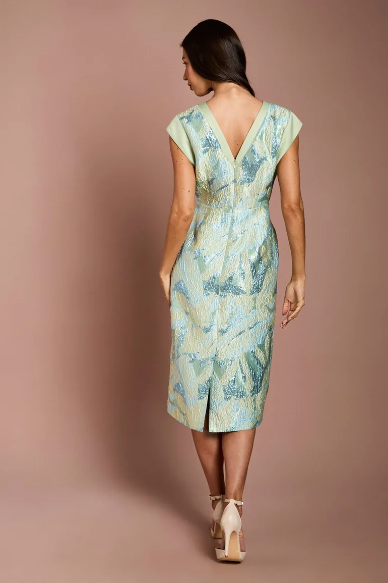 V Neck Contrast Jacquard Pencil Dress - 2