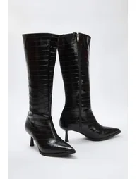 Black Crocodile Pointed Toe Kitten Heeled Women's Boots - 2