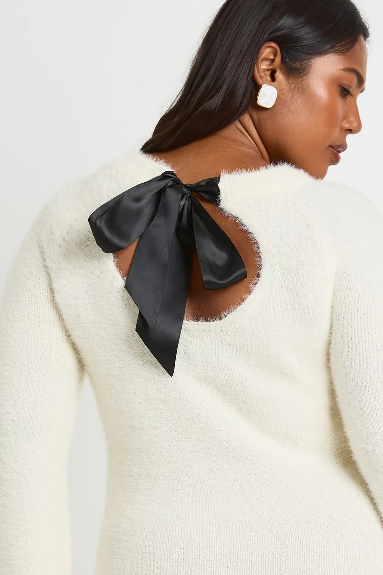 Plus Bow Back Detail Super Soft Knitted Dress - ivory - 3