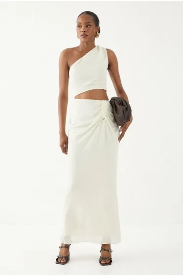 Asymmetric Shoulder Cut Out Ruched Maxi Dress