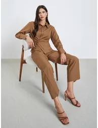 Brown Asymmetric Wrap Shirt and Pants Co-Ords
