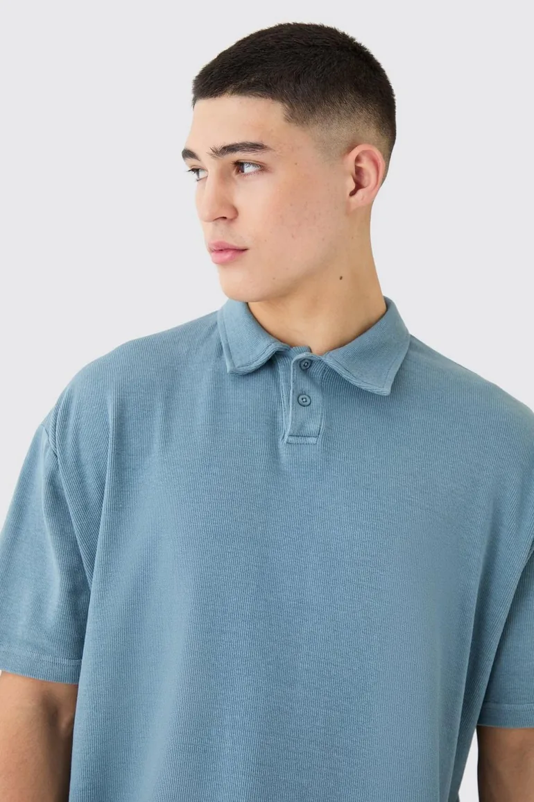 Oversized Heavy Rib Washed Polo - blue - 2