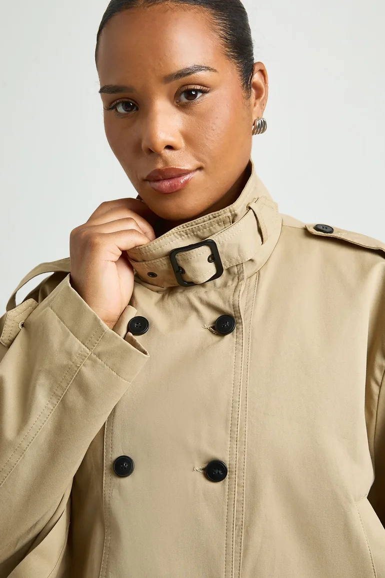 Plus Double Breasted Funnel Neck Short Trench Coat - tan - 3