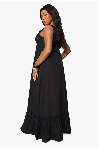 Plus Cotton Poplin Ruched Tie Detail Maxi Dress - black product thumbnail 2