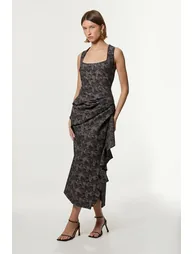 Petite Jacquard Ruffle Strappy Tailored Maxi Dress