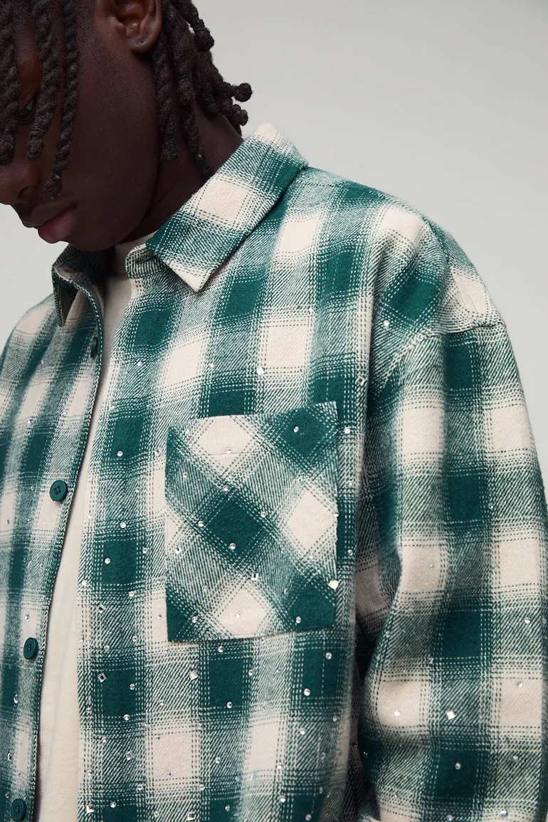 Oversized Ombre Rhinestone Embellished Heavyweight Check Shirt - 2