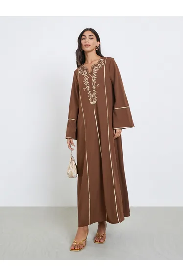 Brown Embroidered Panel Jalabiya
