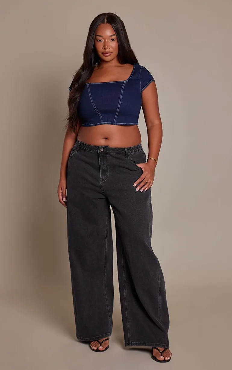 Plus Indigo Denim Square Neck Top With Contrasting Stitch Detail Top