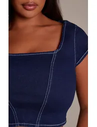 Plus Indigo Denim Square Neck Top With Contrasting Stitch Detail Top - 3