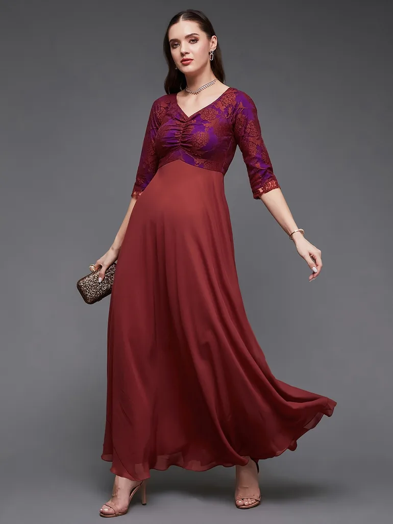 Lace Overlaid Ruched A-Line Maxi Dress - 1