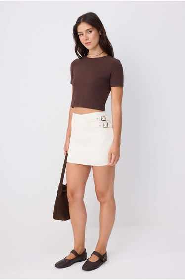Ecru 100% Cotton High Waist Denim Shorts Skirt