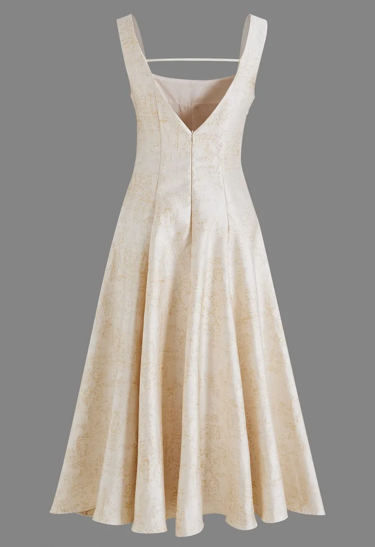 Square Neck Textured Jacquard A-Line Dress in Champagne for Seaside Holidays & Resort Dinners - 7