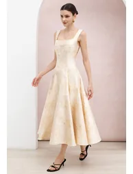 Square Neck Textured Jacquard A-Line Dress in Champagne for Seaside Holidays & Resort Dinners - 1