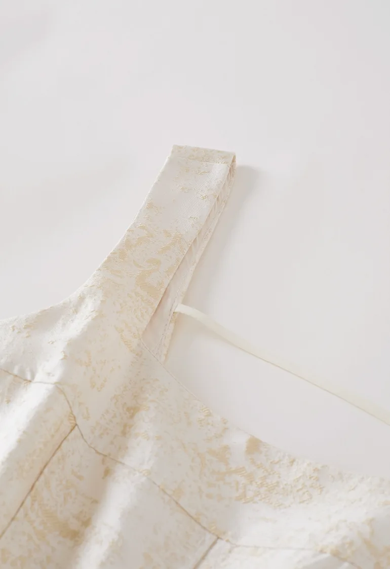 Square Neck Textured Jacquard A-Line Dress in Champagne for Seaside Holidays & Resort Dinners - 3
