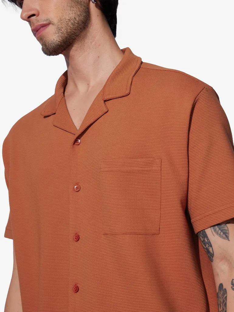Men Orange Resort Collar Textured Shirt - 4