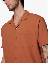 Men Orange Resort Collar Textured Shirt - 4